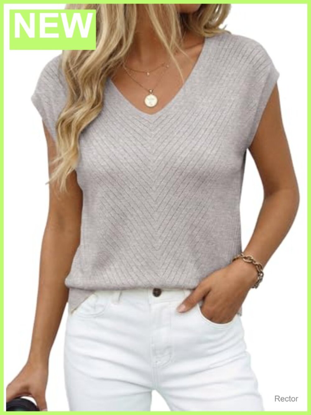 Women's Eyelet Cap Sleeve Knit Vest V Neck Business Casual Loose Tank Top